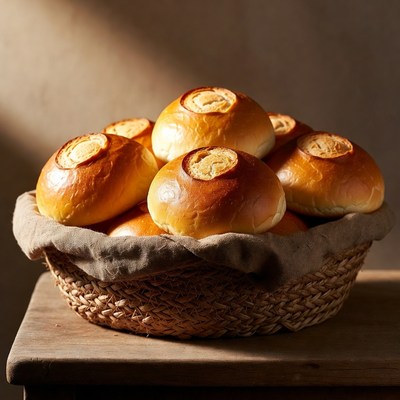 Fresh buns in woven basket