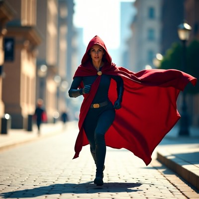 Woman running in red cape on city street