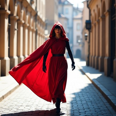 Woman in Red Hooded Cloak Walking Street