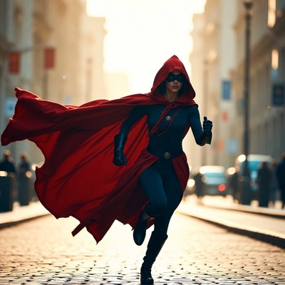 Woman in Red Cape Running City Street