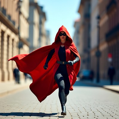 Woman in Red Cloak Running Urban Street