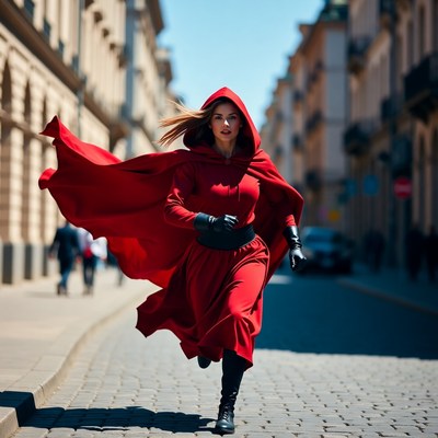 Woman running in red hooded cape
