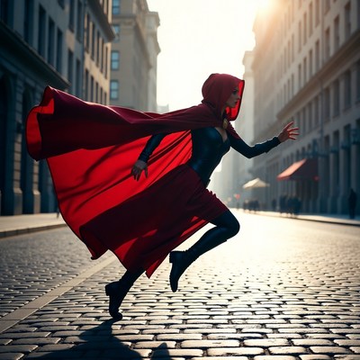 Woman running in red hooded cape