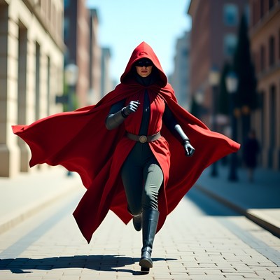 Woman running in red hooded cape