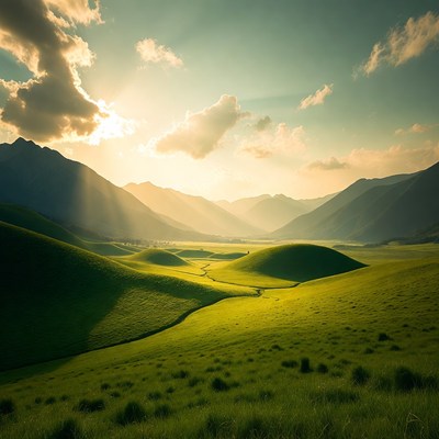 Green Rolling Hills in Sunset Mountains