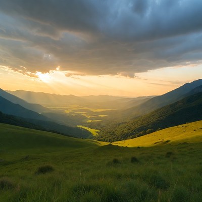 Sunset Over Mountain Valley Landscape