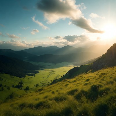 Mountain Valley Sunset with Green Meadows