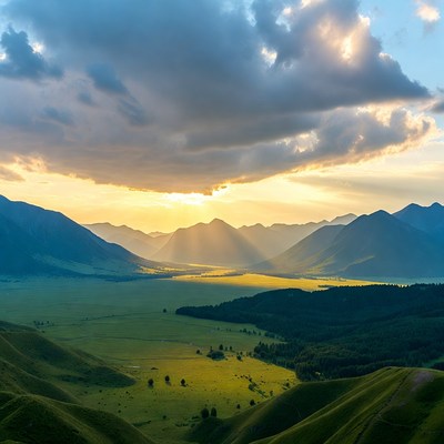 Sunset over Mountain Valley Landscape