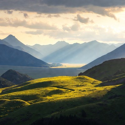 Green Hills and Mountains with Lake
