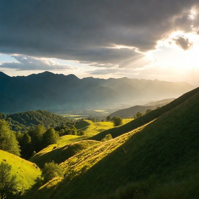 Dramatic Mountain Valley with Rolling Green Hills