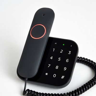 Black Corded Phone with Red Call Button