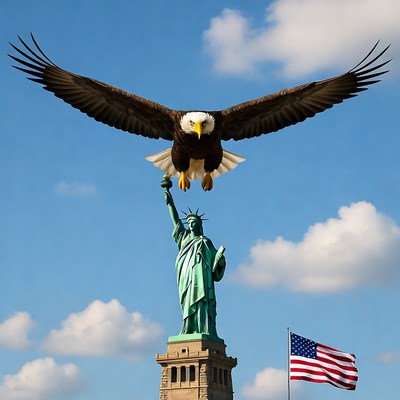 Bald Eagle Flying Over Statue of Liberty