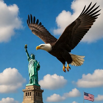 Bald Eagle Flying Over Statue of Liberty