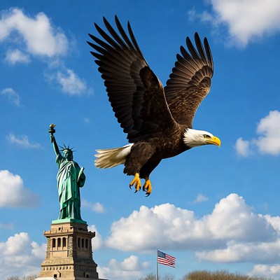 Bald Eagle Flying Over Statue of Liberty