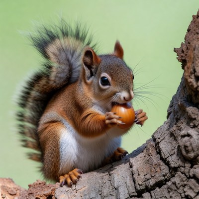 Squirrel eating acorn on tree bark