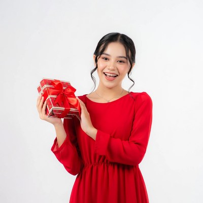 Asian woman holding red gift box