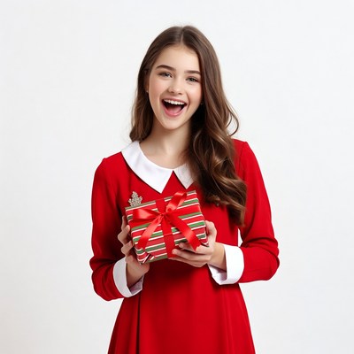 Girl holding red Christmas gift