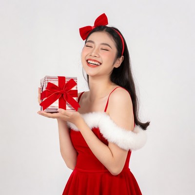 Asian woman holding Christmas gift