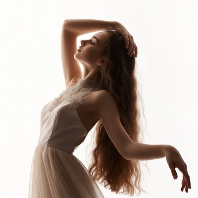 Woman in white lace dress posing gracefully