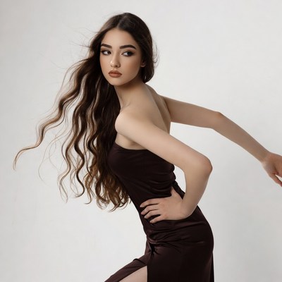 Young woman in maroon dress posing