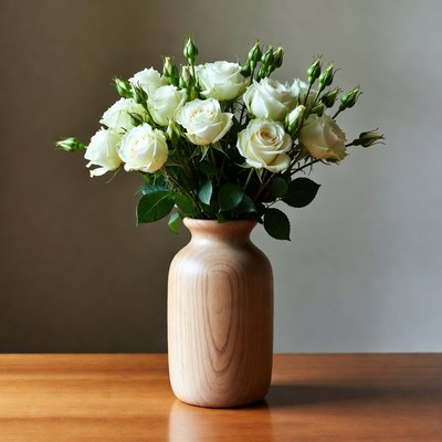 White Roses in Wooden Vase