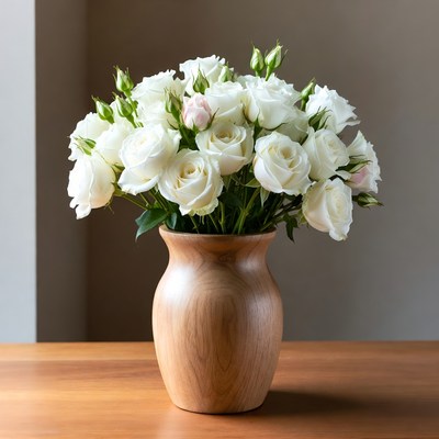 White Roses in Wooden Vase