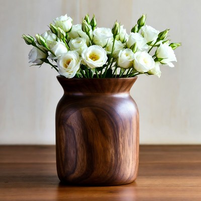 White Roses in Wooden Vase