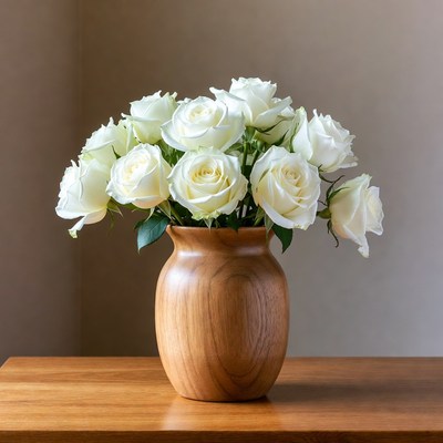White Roses in Wooden Vase
