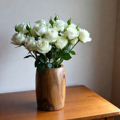 White Roses in Wooden Vase