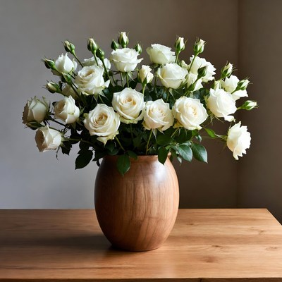 White Roses in Wooden Vase