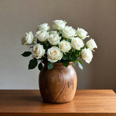 White Roses in Wooden Vase