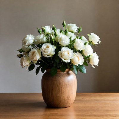 White Roses in Wooden Vase