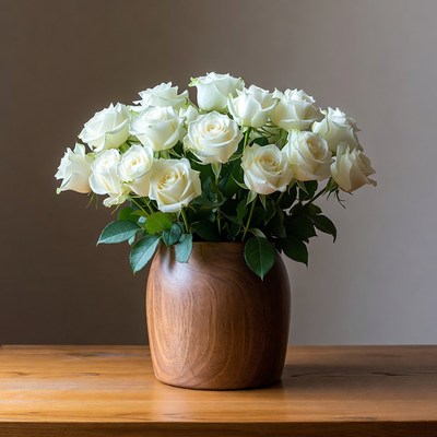 White Roses in Wooden Vase