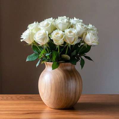 White Roses in Wooden Vase