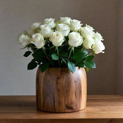 White Roses in Wooden Vase