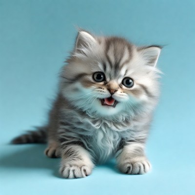 Cute gray kitten on blue background