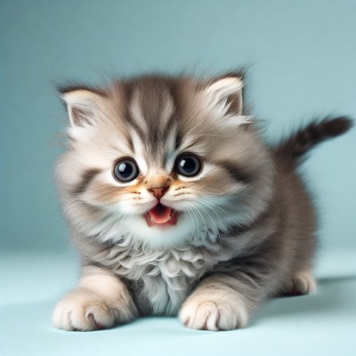 Cute fluffy kitten yawning on blue background