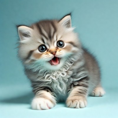 Cute fluffy kitten smiling on blue background