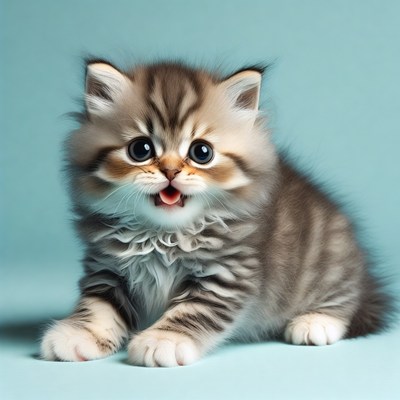 Cute tabby kitten meowing on blue background