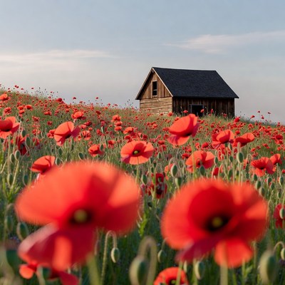 Wooden Cabin in Poppy Field