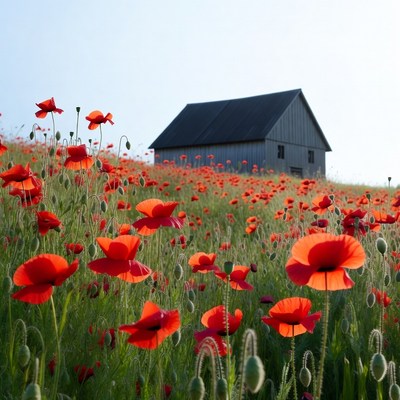 Barn in Red Poppy Field