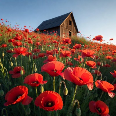 Red Poppy Field with Wooden Cabin