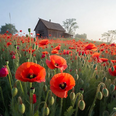 Red Poppy Field with Wooden Cabin