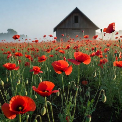 Red Poppy Field with Wooden Barn