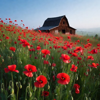 Red Poppy Field with Barn