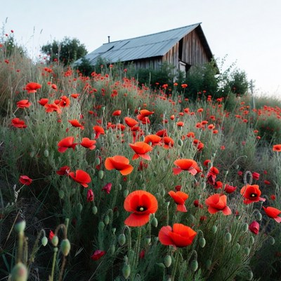 Red Poppy Field with Wooden Cabin