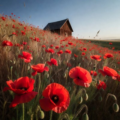 Red Poppy Field with Wooden Cabin