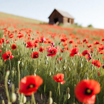 Red Poppy Field with Wooden Cabin