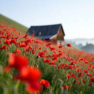 Red Poppy Field with Wooden House