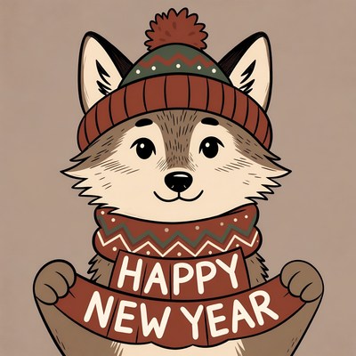 Cute Wolf Holding Happy New Year Sign
